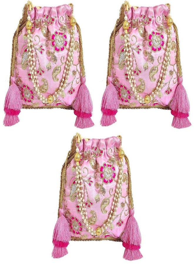 داتشيس حقيبة بوتلي نسائية من دوقة، مزينة بنقوش زهرية وردية اللون مع شرابة (عبوة من 3 قطع) - Image 1